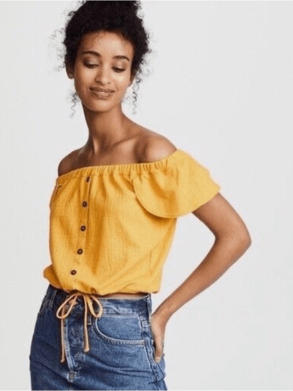 Madewell Mustard Yellow Off-Shoulder Button Front Top Ribbed Crop Boho Small